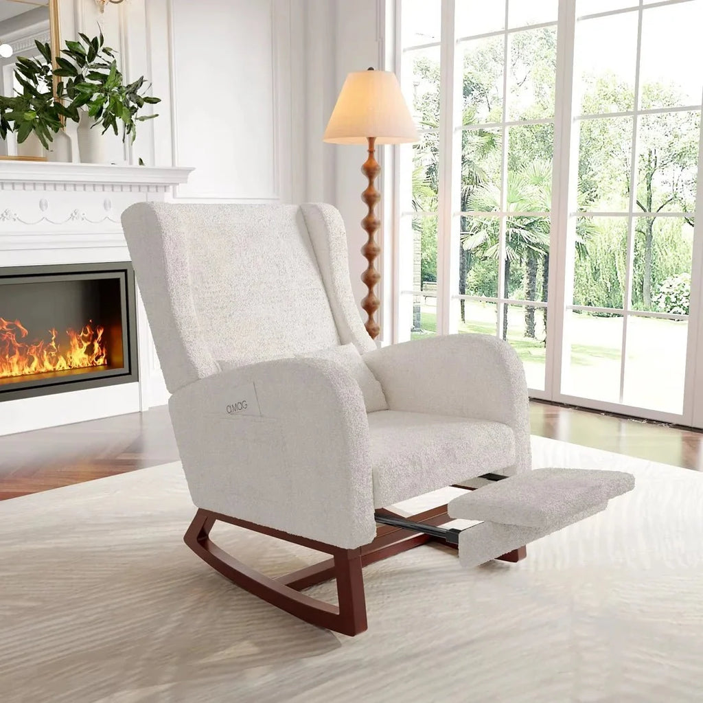 VELKA – Rocking Chair Teddy Blanc Ivoire avec Repose-Pieds - Oscille