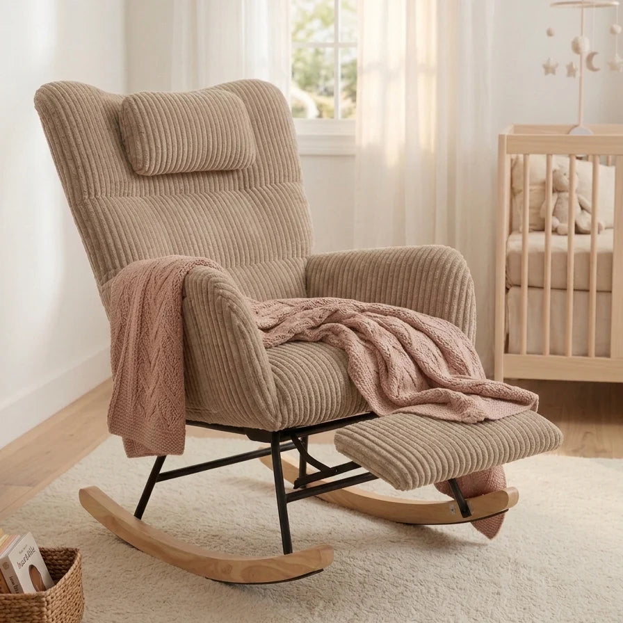 OLENA - fauteuil à bascule allaitement en velours côtelé avec repose-pieds, chambre bébé