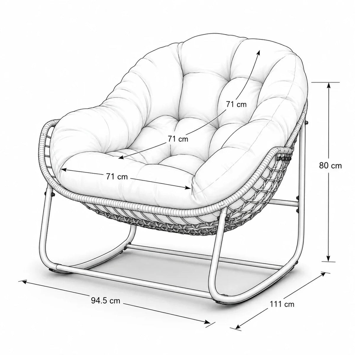 COCONA - fauteuil à bascule papasan, schéma des dimensions