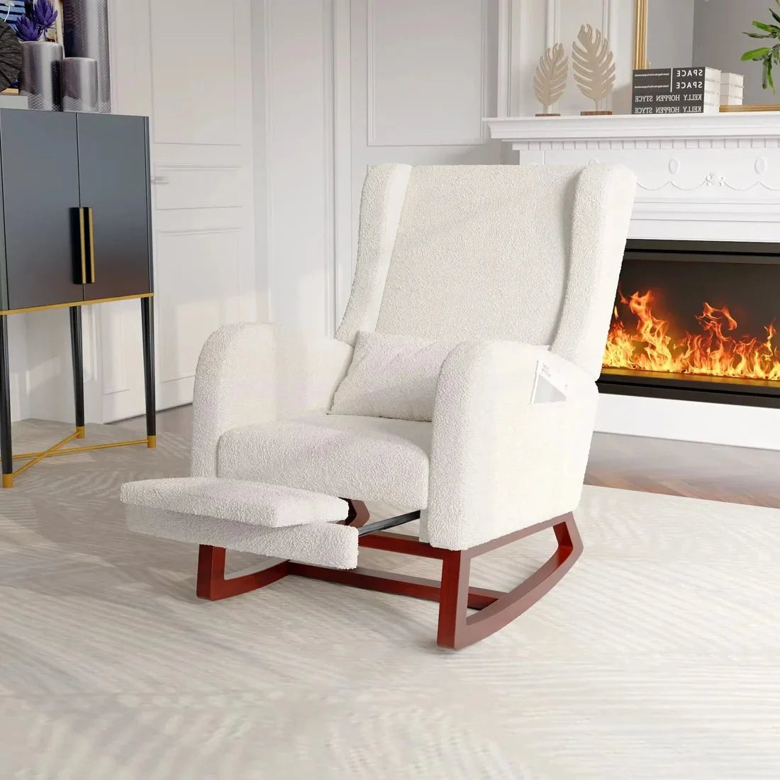 VELKA – Rocking Chair Teddy Blanc Ivoire avec Repose-Pieds - Oscille