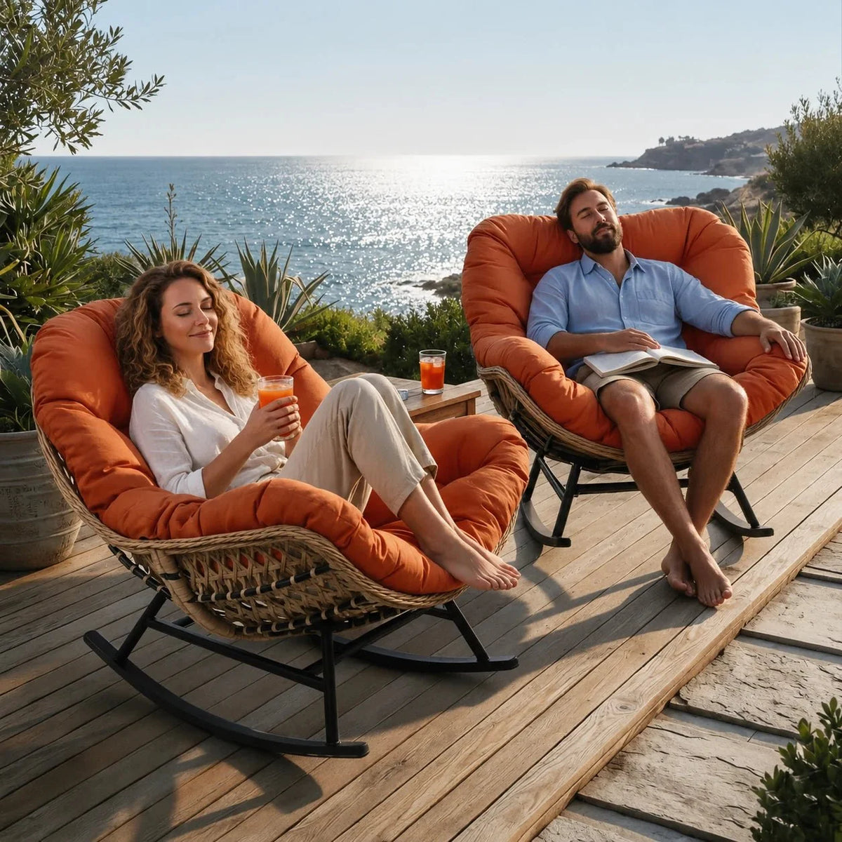 BALIA - fauteuil à bascule papasan rotin, vue face mer