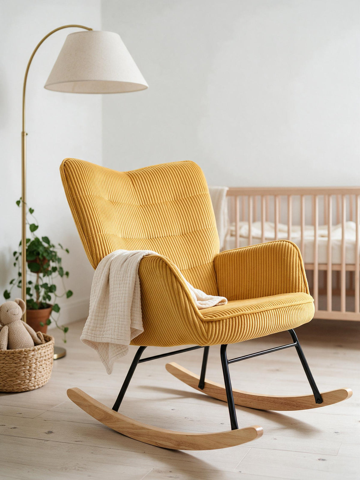 Rocking Chair Tissu Côtelé Jaune & Bois de Hêtre | ÉCLAIRCIE