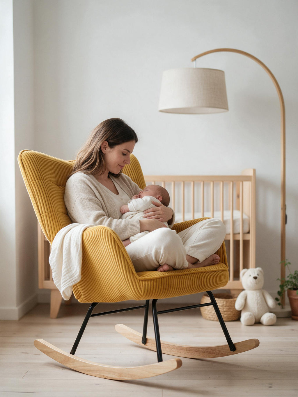 Rocking Chair Tissu Côtelé Jaune & Bois de Hêtre | ÉCLAIRCIE