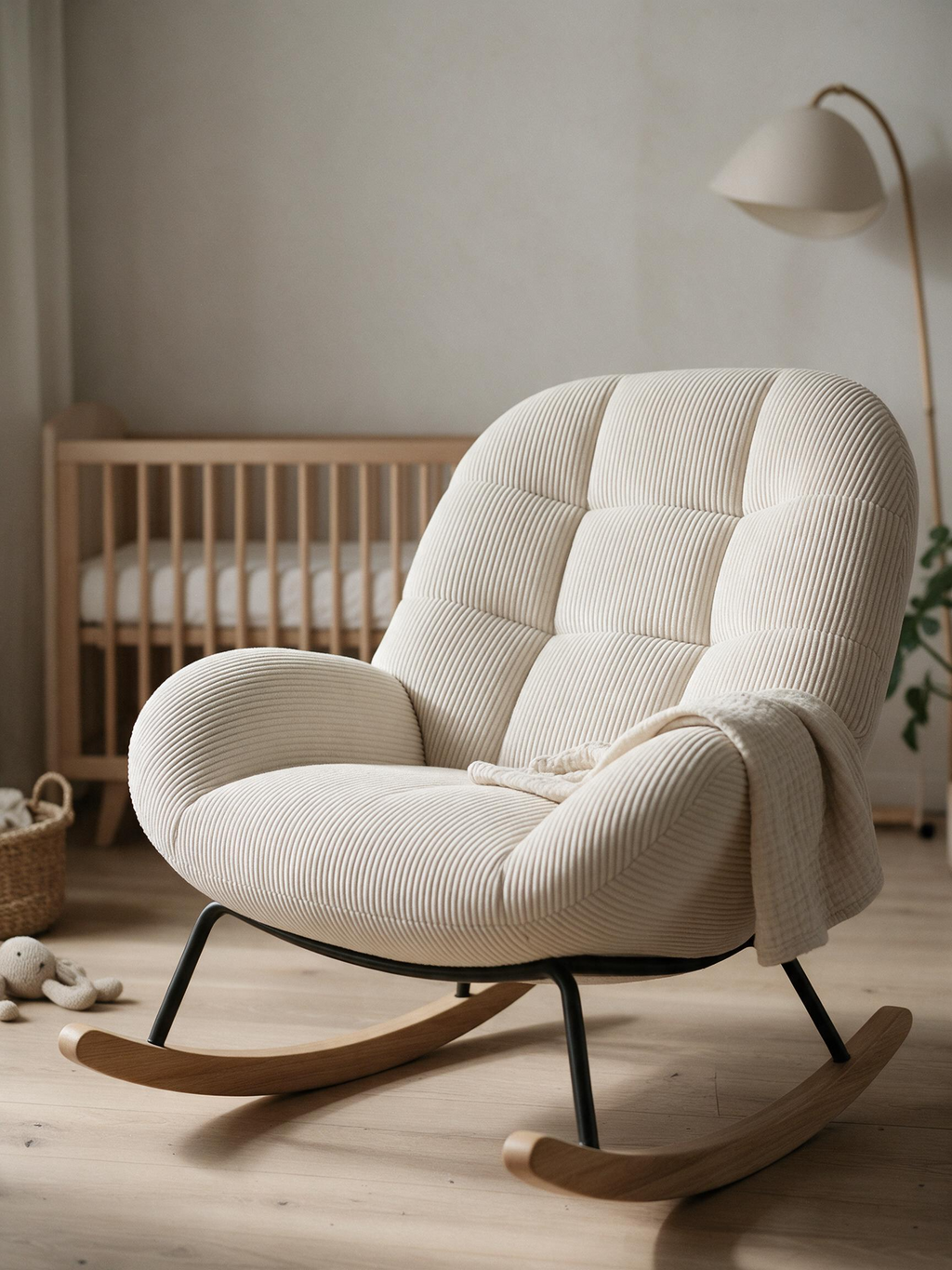 Rocking Chair Scandinave Velours Côtelé, Dossier 54 cm | QUIÉTUDE