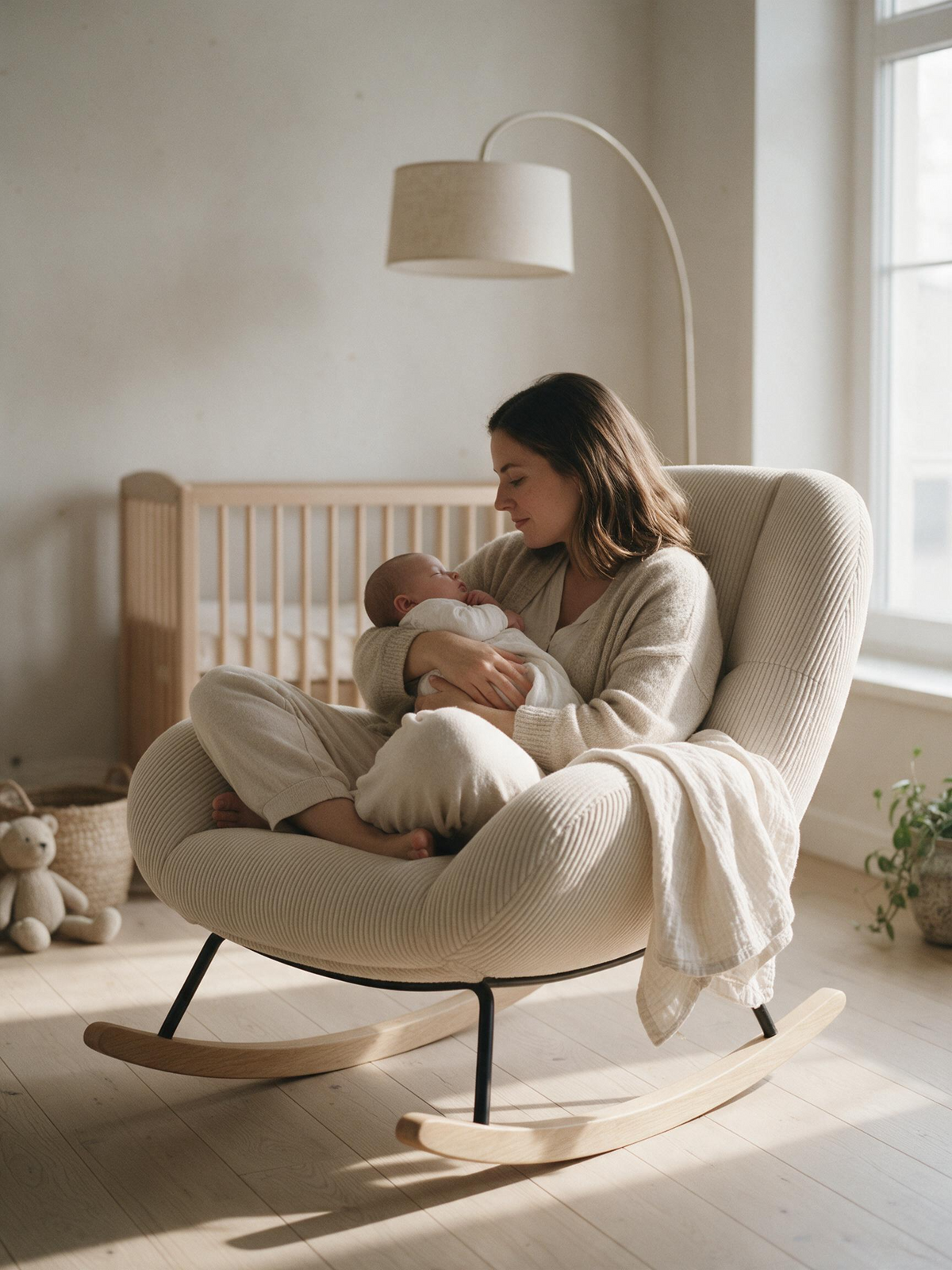 Rocking Chair Scandinave Velours Côtelé, Dossier 54 cm | QUIÉTUDE