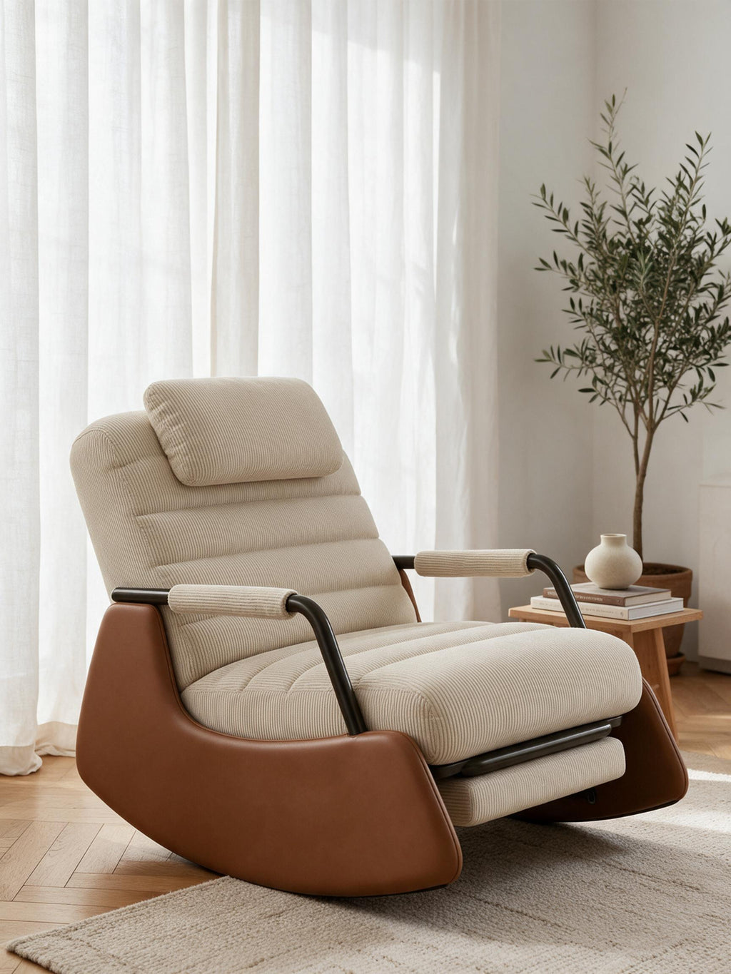 Rocking Chair Velours Côtelé, Repose-Pieds Intégré | PARENTHÈSE