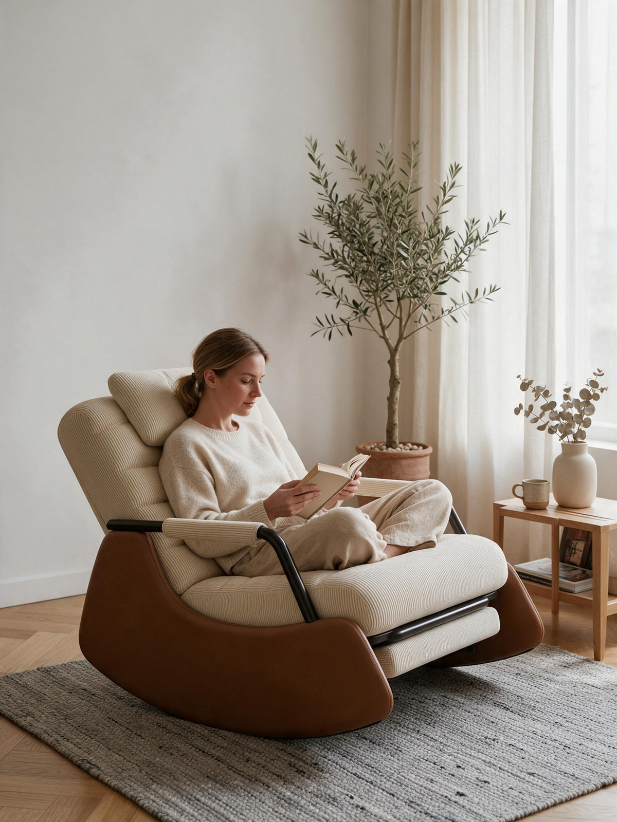 Rocking Chair Velours Côtelé, Repose-Pieds Intégré | PARENTHÈSE