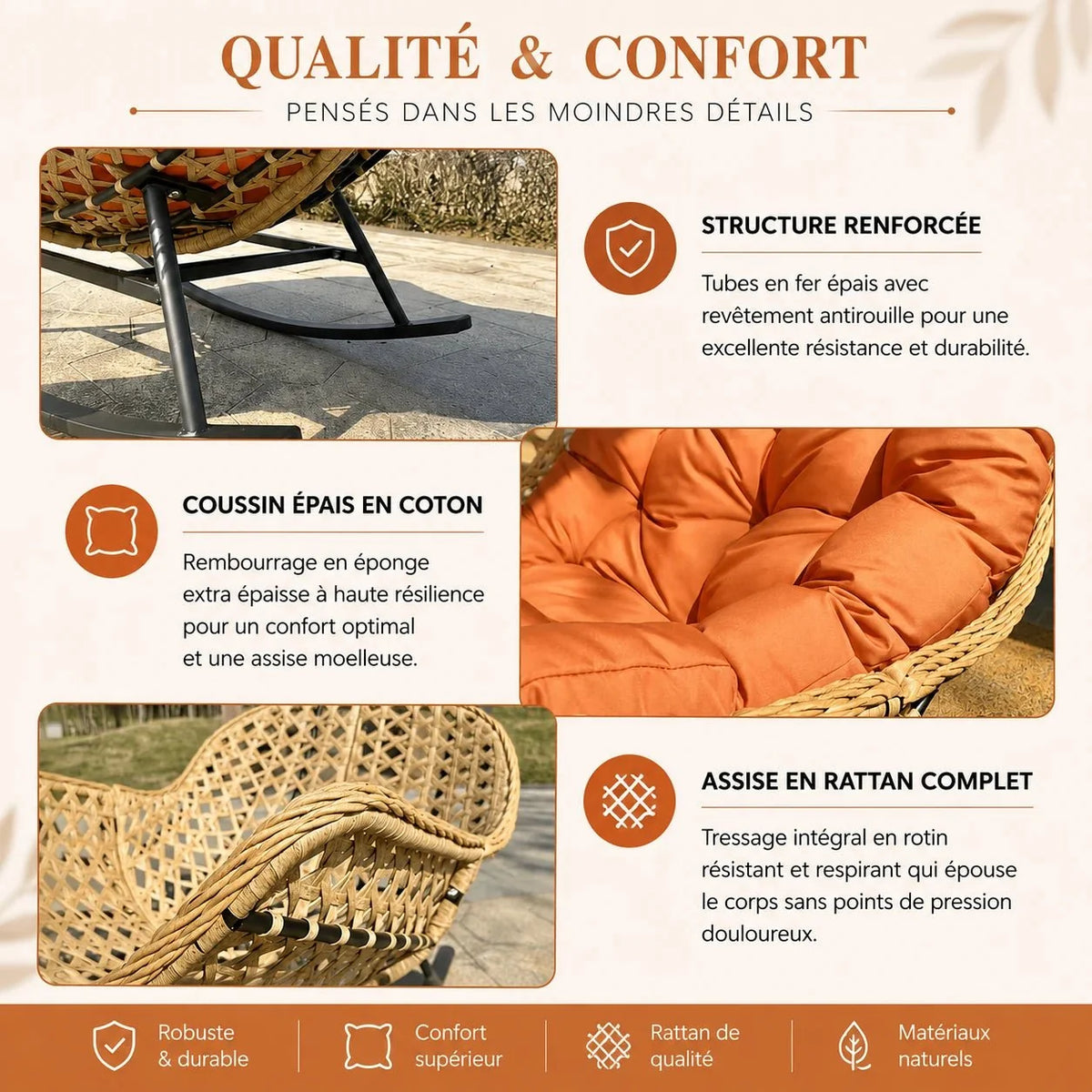 BALIA - fauteuil à bascule, détail qualité et confort