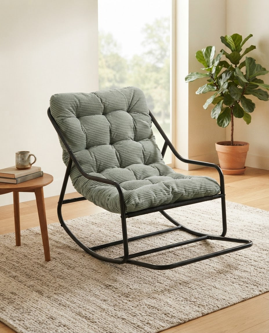 NONCHALANCE – fauteuil à bascule coloris vert de gris en situation