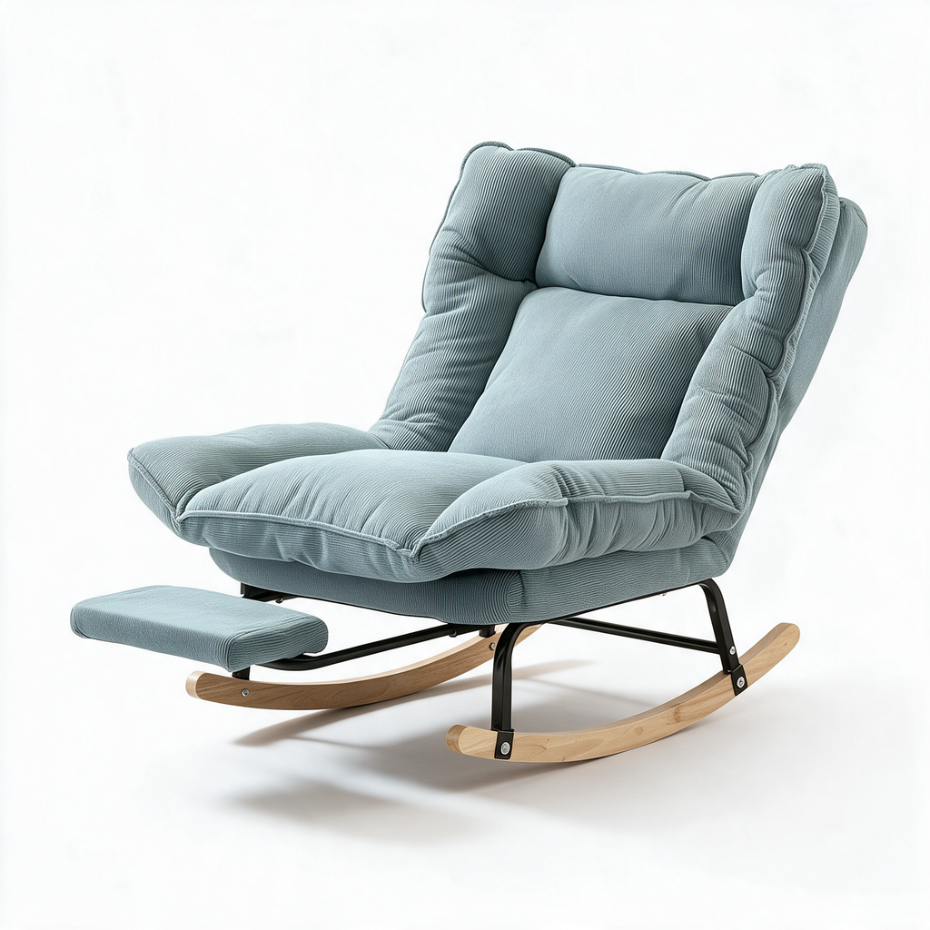 SIESTE – fauteuil à bascule coloris bleu clair sur fond blanc