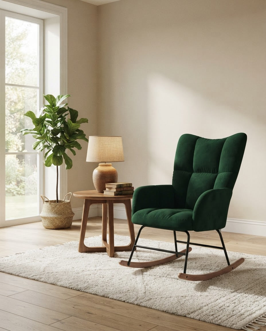 ÉDREDON – fauteuil à bascule coloris vert foncé en situation