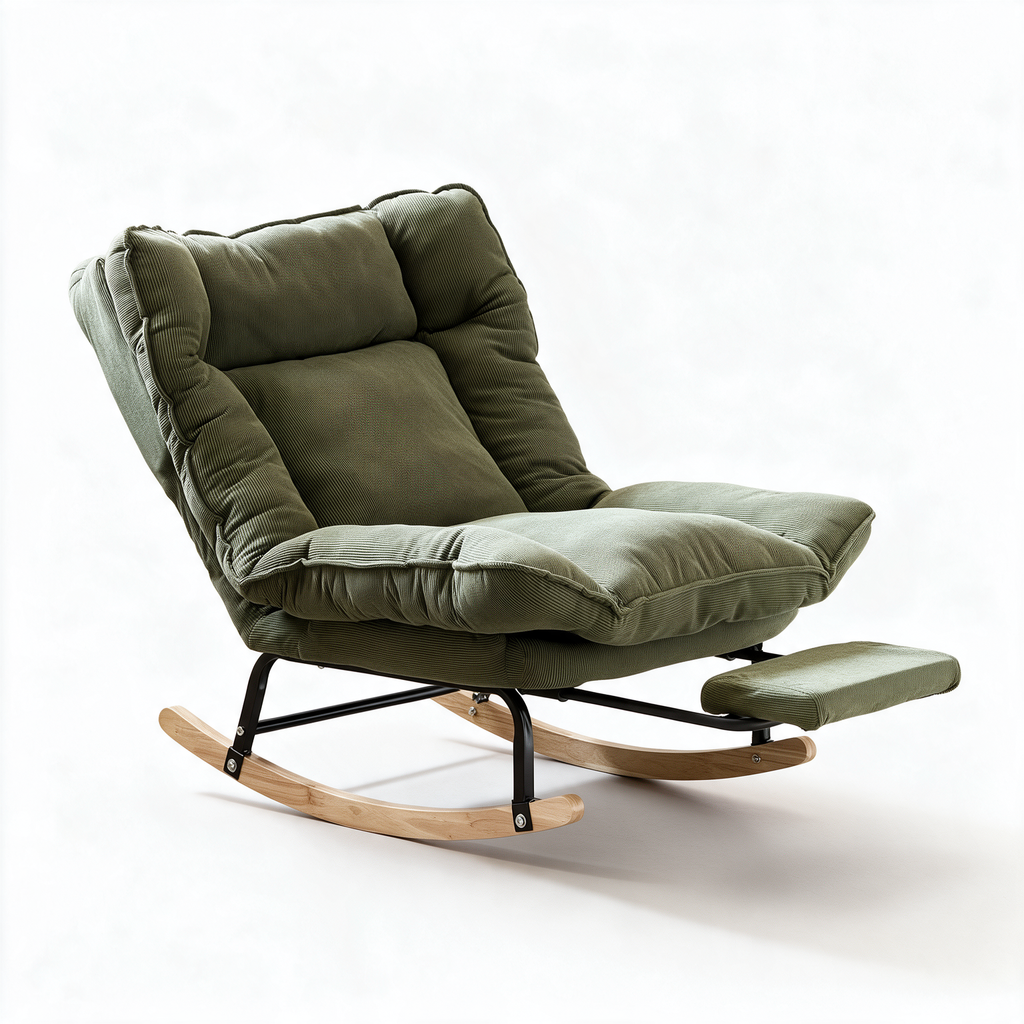 SIESTE – fauteuil à bascule coloris kaki sur fond blanc