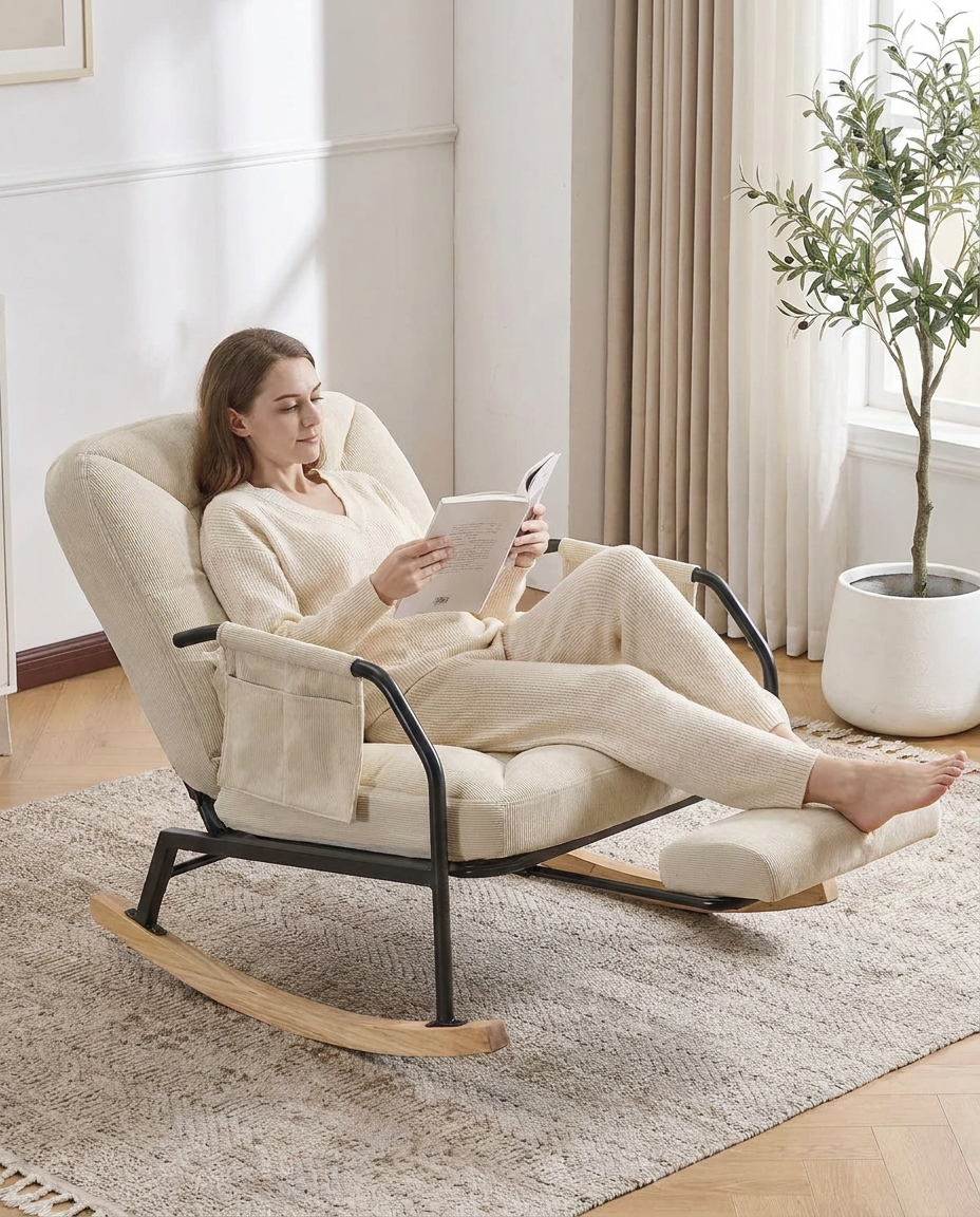 HALTE – fauteuil à bascule avec repose-pieds déployé, jambes allongées