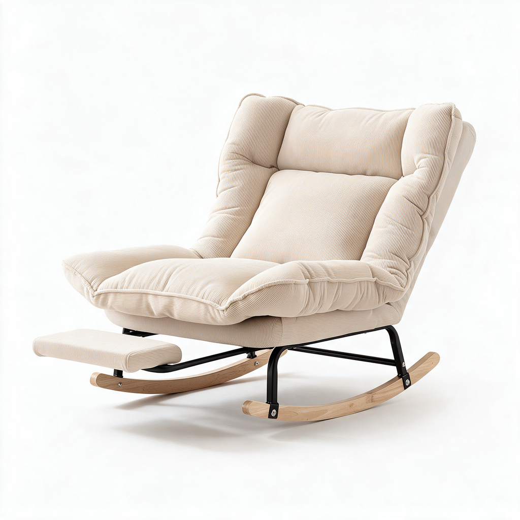 SIESTE – fauteuil à bascule coloris beige sur fond blanc