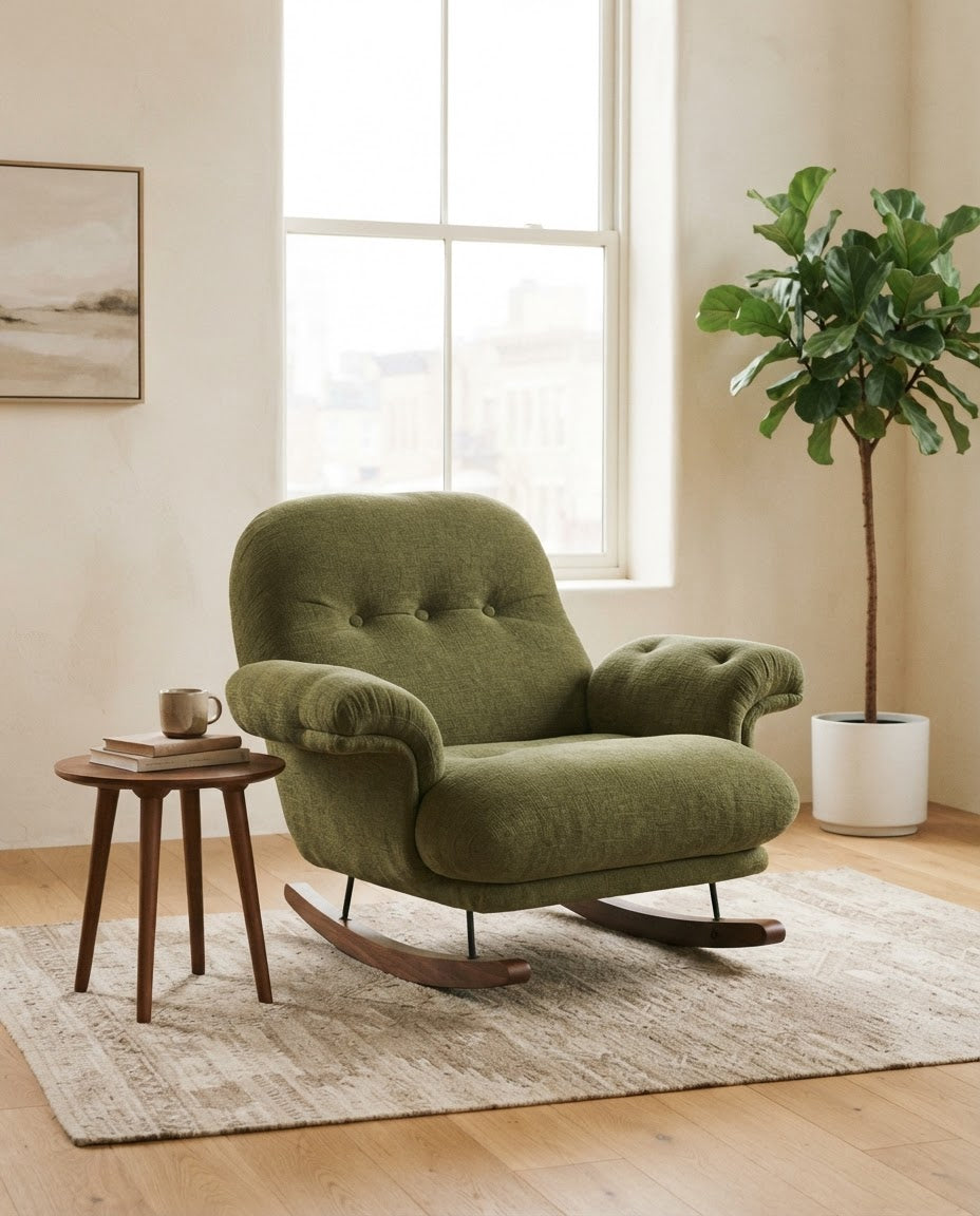 PLÉNITUDE – fauteuil à bascule coloris vert olive en situation