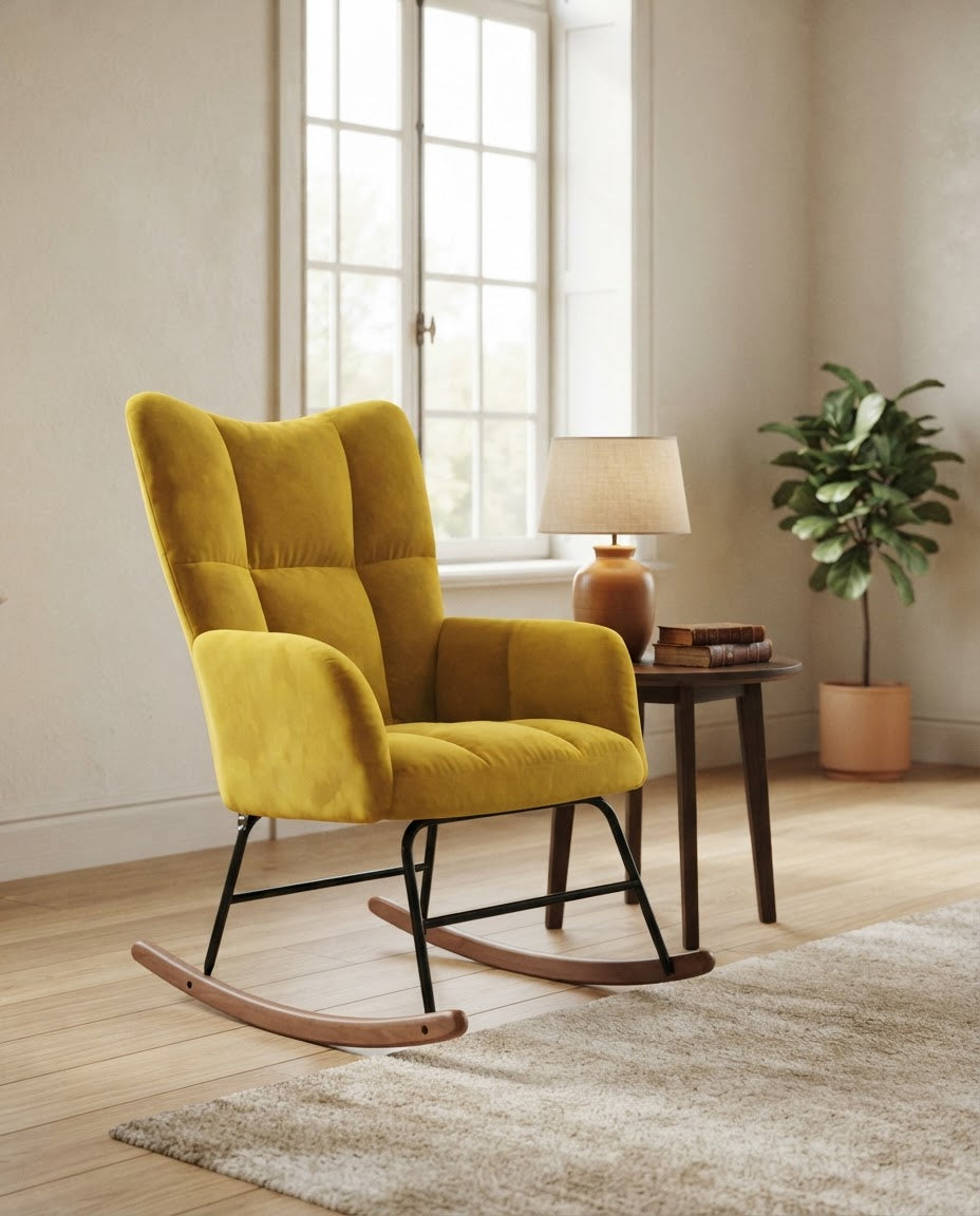 ÉDREDON – fauteuil à bascule coloris jaune moutarde en situation