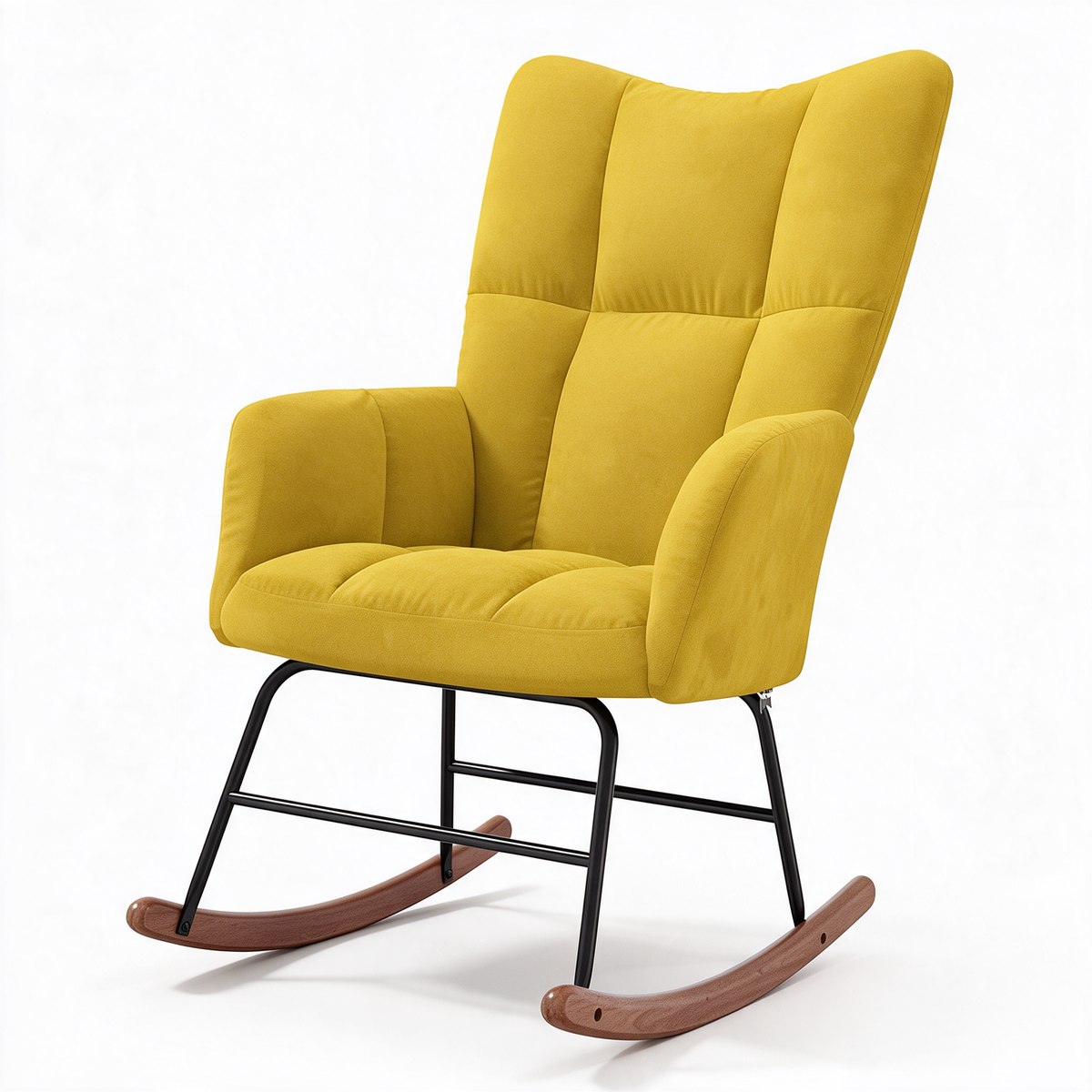 ÉDREDON – fauteuil à bascule coloris jaune moutarde sur fond blanc