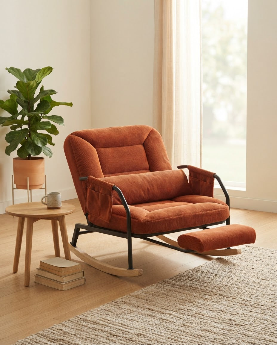 HALTE – fauteuil à bascule coloris orange terracotta en situation