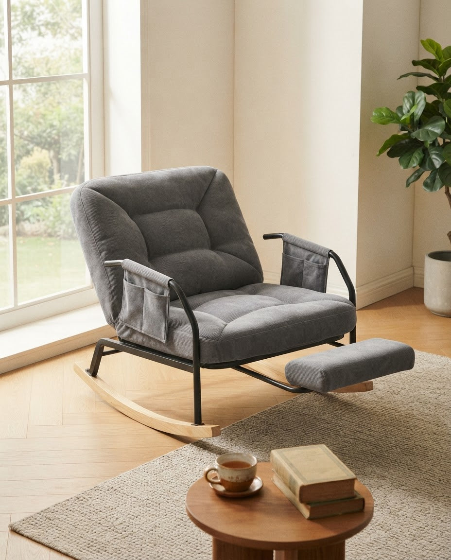 HALTE – fauteuil à bascule coloris gris en situation