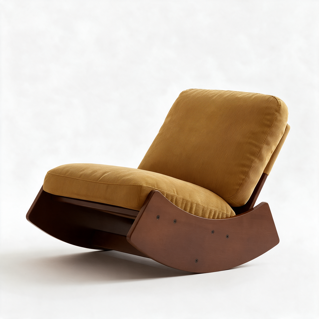 RITOURNELLE – fauteuil à bascule coloris jaune moutarde sur fond blanc