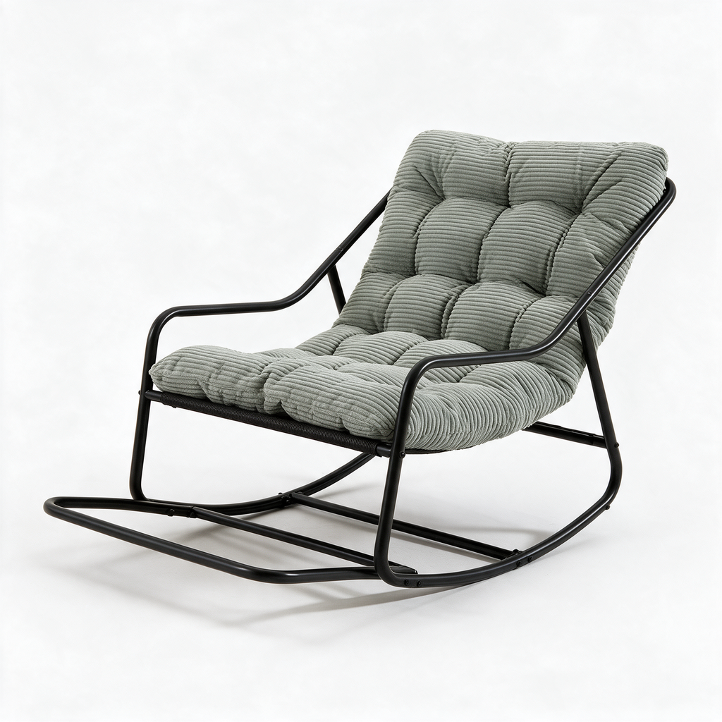 NONCHALANCE – fauteuil à bascule coloris vert de gris sur fond blanc