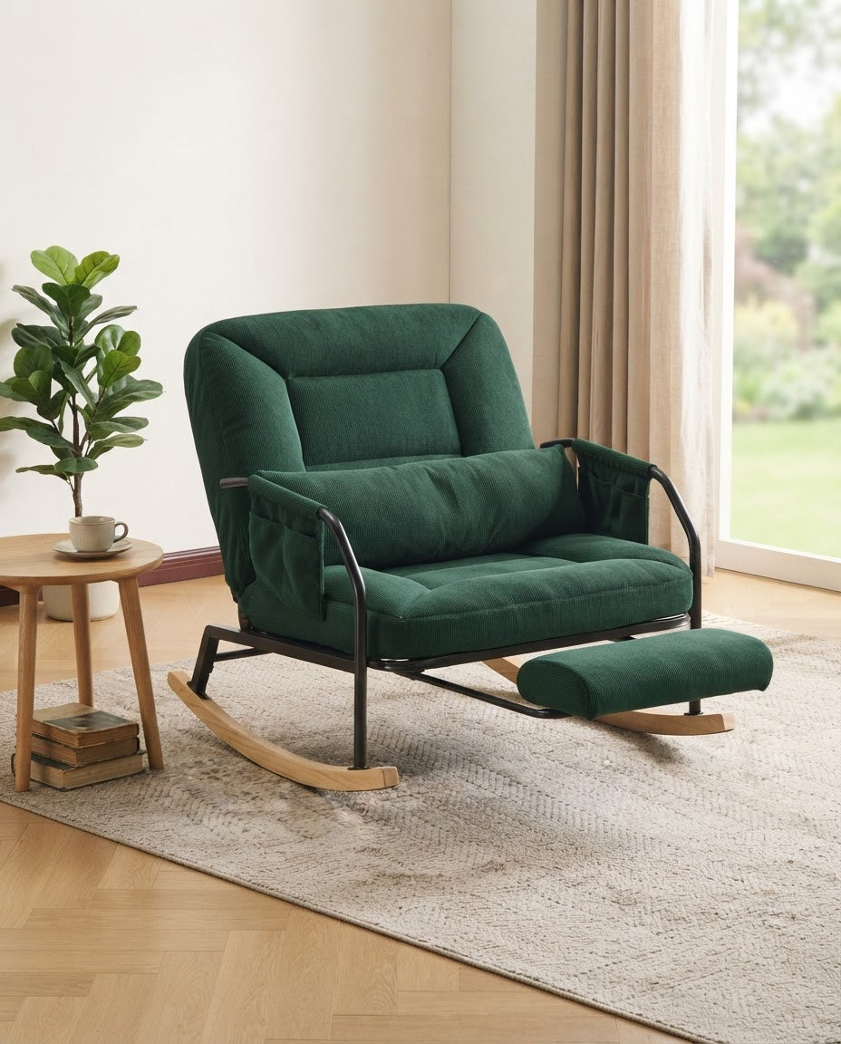 HALTE – fauteuil à bascule coloris vert grisé en situation