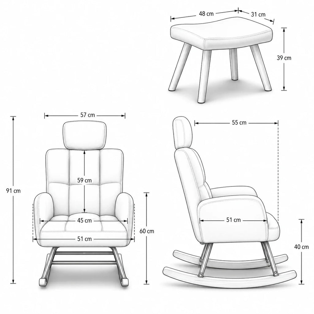 NORKA - rocking chair appui-tête, schéma des dimensions