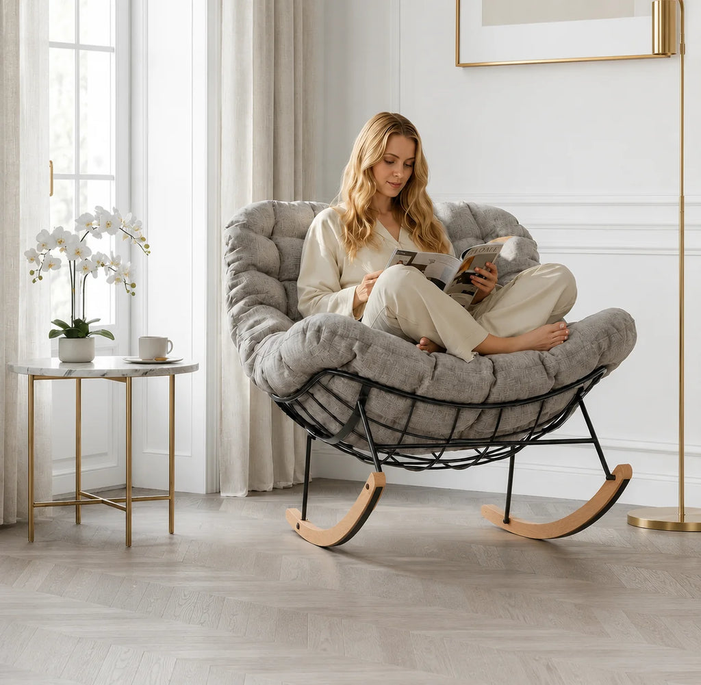 SOLVA - fauteuil à bascule extérieur, structure acier et bois d'érable