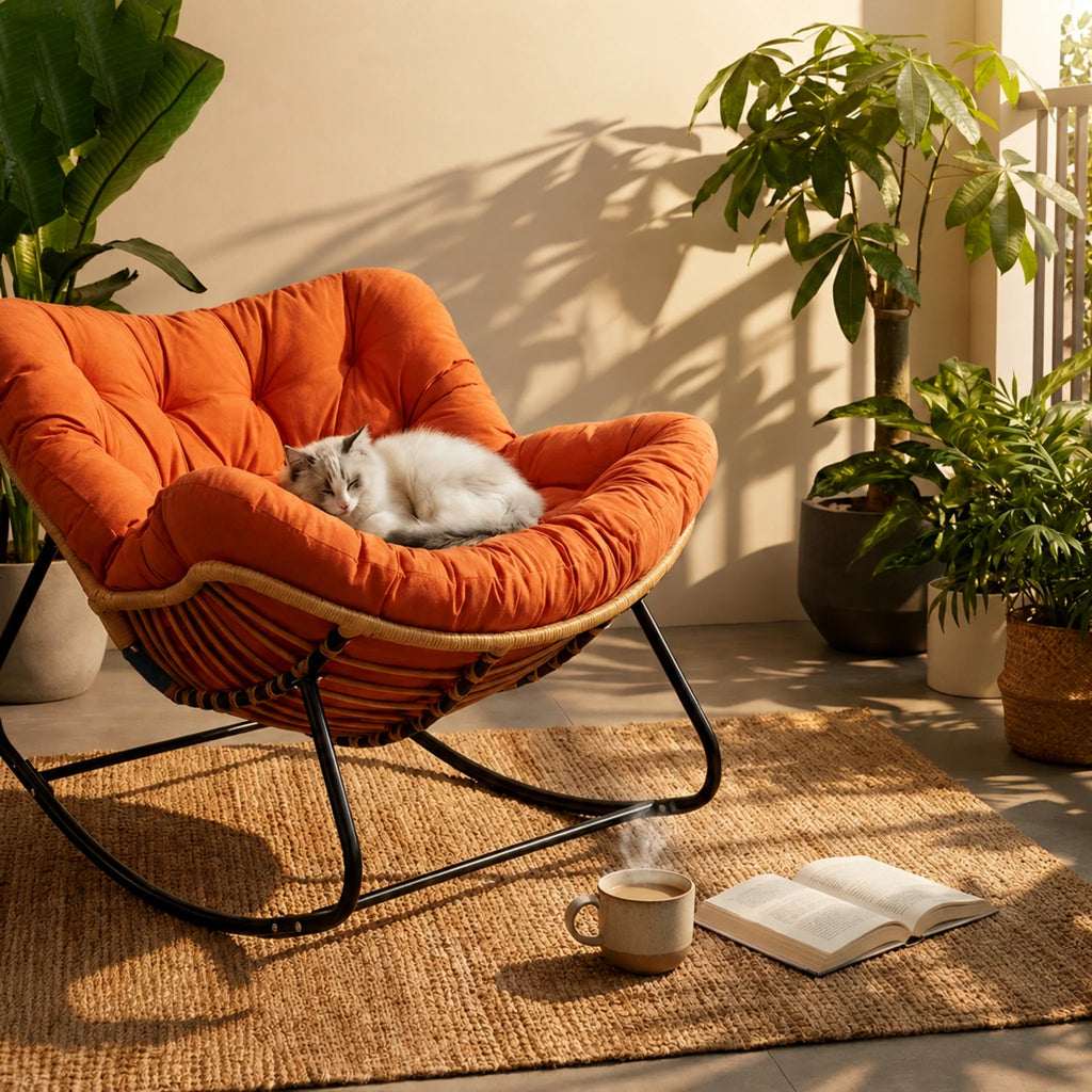 BOLMO - rocking chair rotin XXL, ambiance extérieure