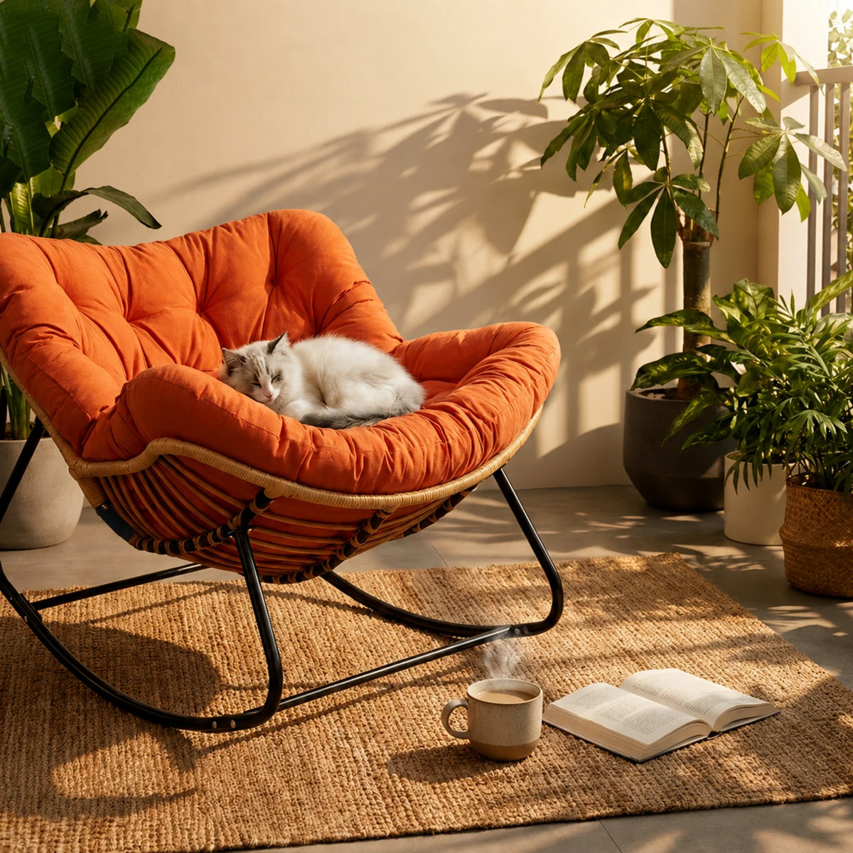 BOLMO - rocking chair rotin XXL, ambiance extérieure
