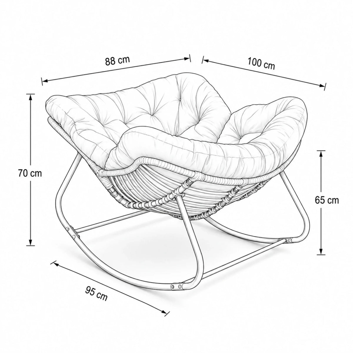 BOLMO - rocking chair rotin XXL, schéma des dimensions